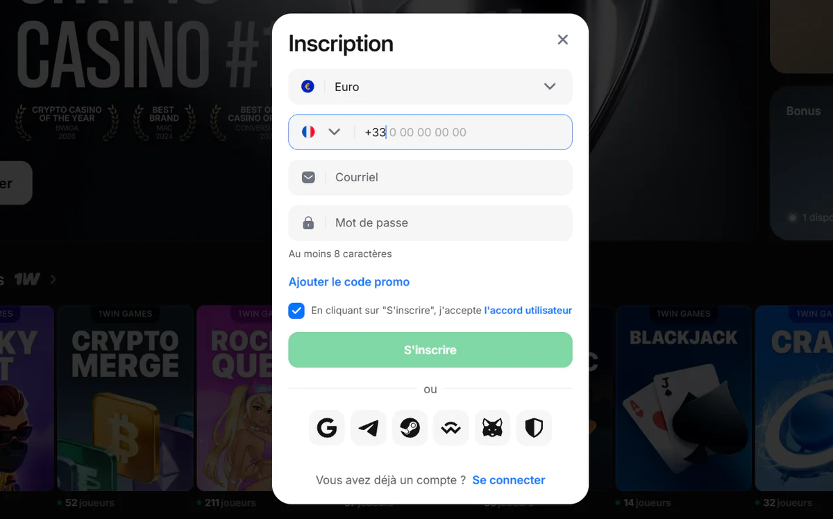 1win Casino formulaire d’inscription avec téléphone, e-mail, mot de passe, code promo et options de connexion rapide